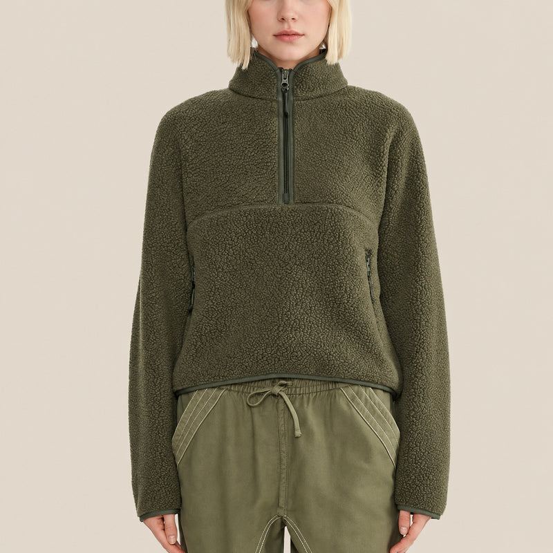 The Cloudline Half-Zip — Olive Grove; AI-enhanced product photo on warm beige background