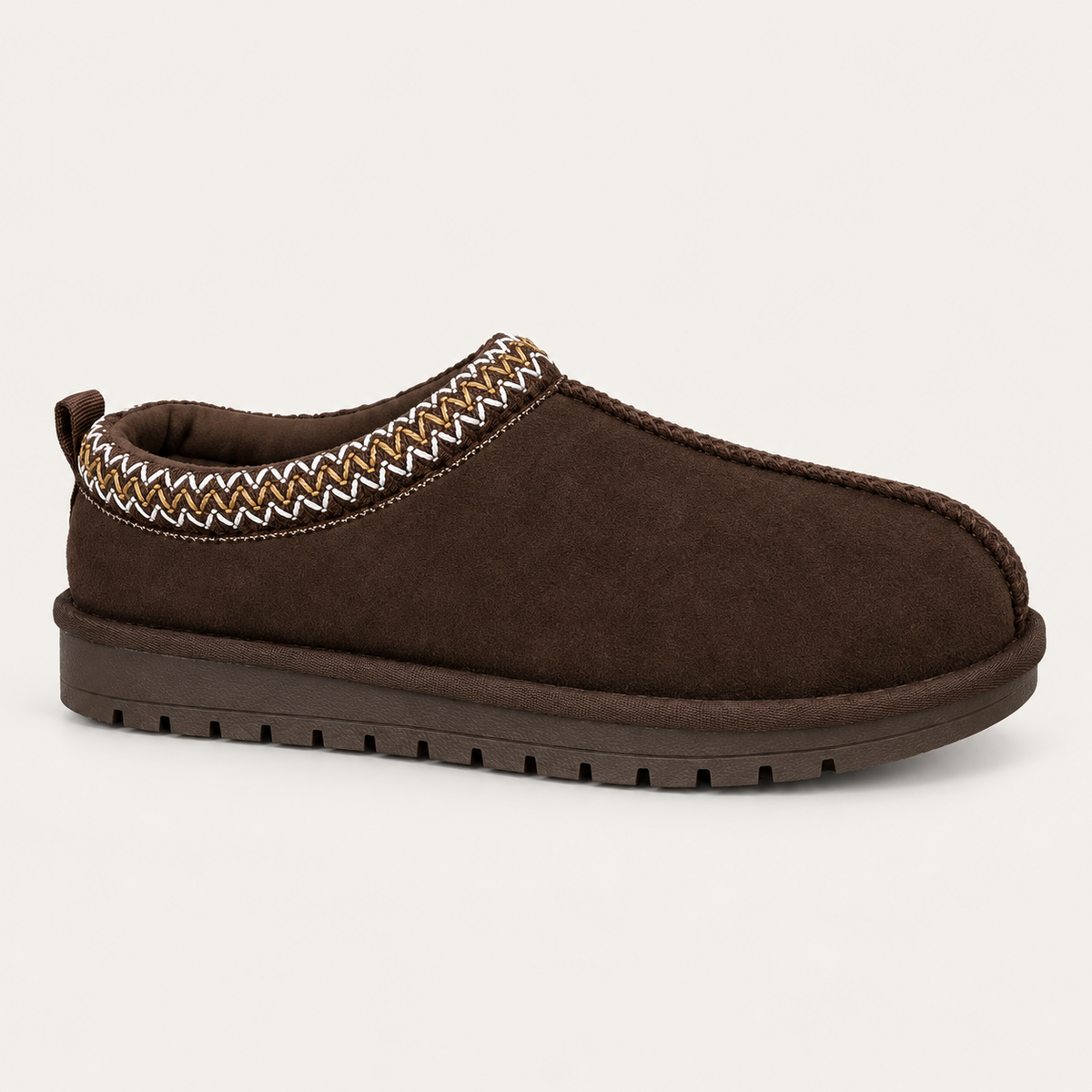 Espresso — dark chocolate brown braided clog; AI-enhanced studio image