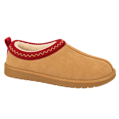 Chestnut — golden tan braided clog with red collar; AI-enhanced studio image