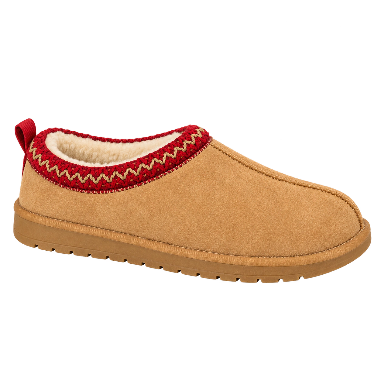 Chestnut — golden tan braided clog with red collar; AI-enhanced studio image