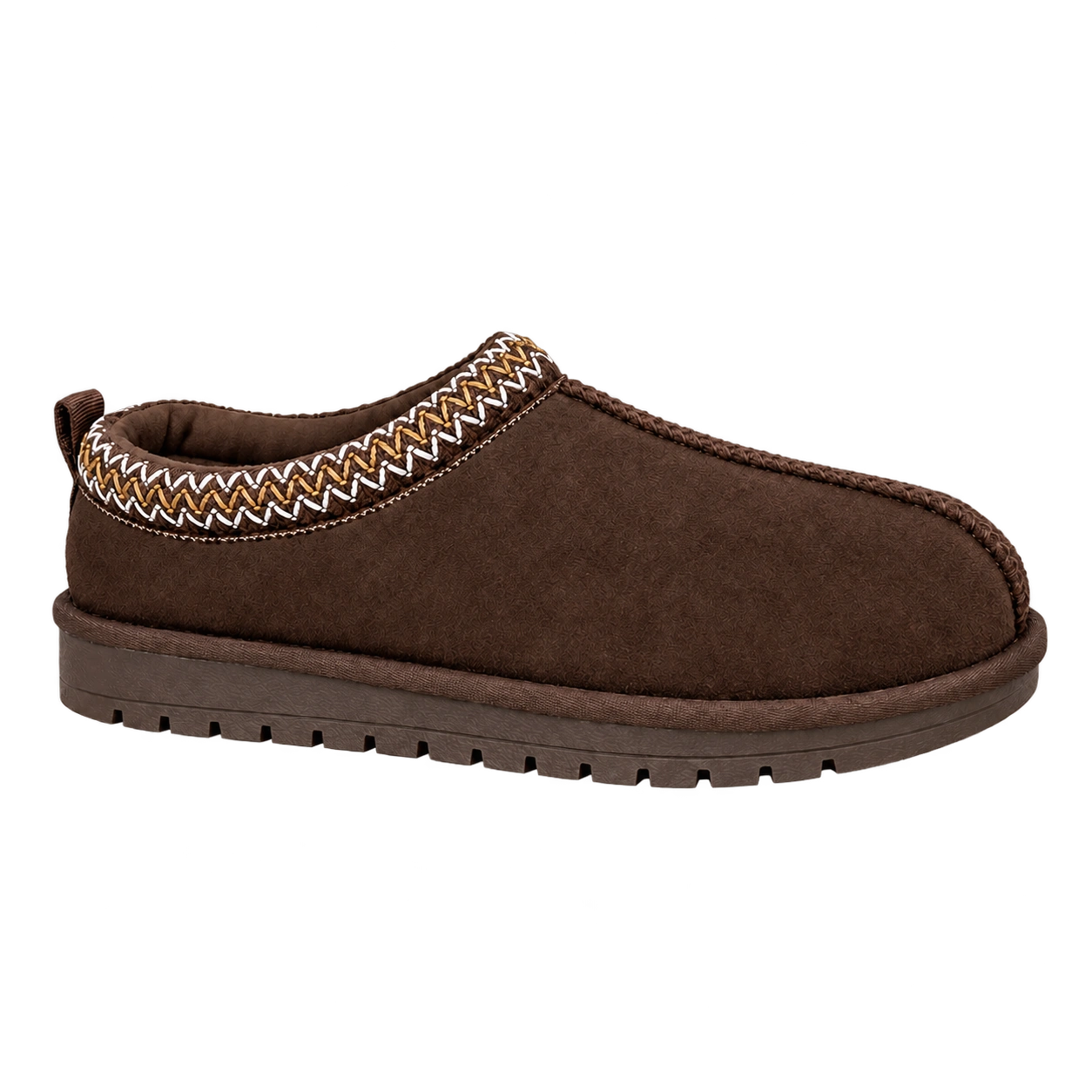 Espresso — dark chocolate brown braided clog; AI-enhanced studio image
