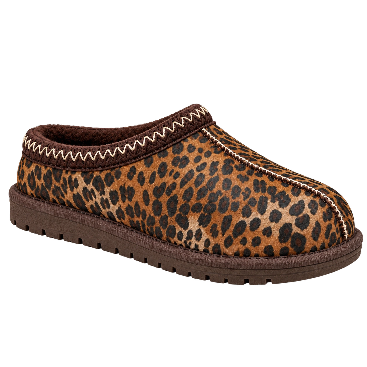 Leopard — patterned brown braided clog; AI-enhanced studio image
