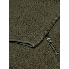 Olive teddy fleece texture, bound hem and side zipper pocket detail; AI-enhanced photo with transparent sides