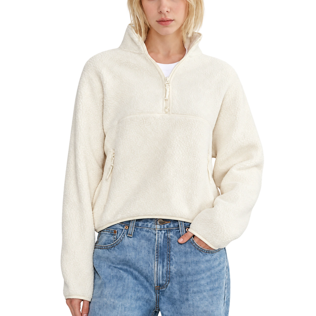 The Cloudline Half-Zip — Ivory; AI-enhanced product photo with transparent background