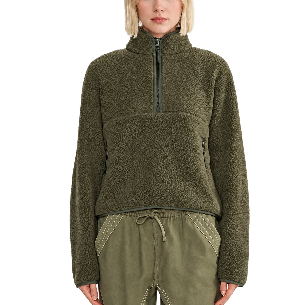 The Cloudline Half-Zip — Olive Grove; AI-enhanced product photo with transparent background