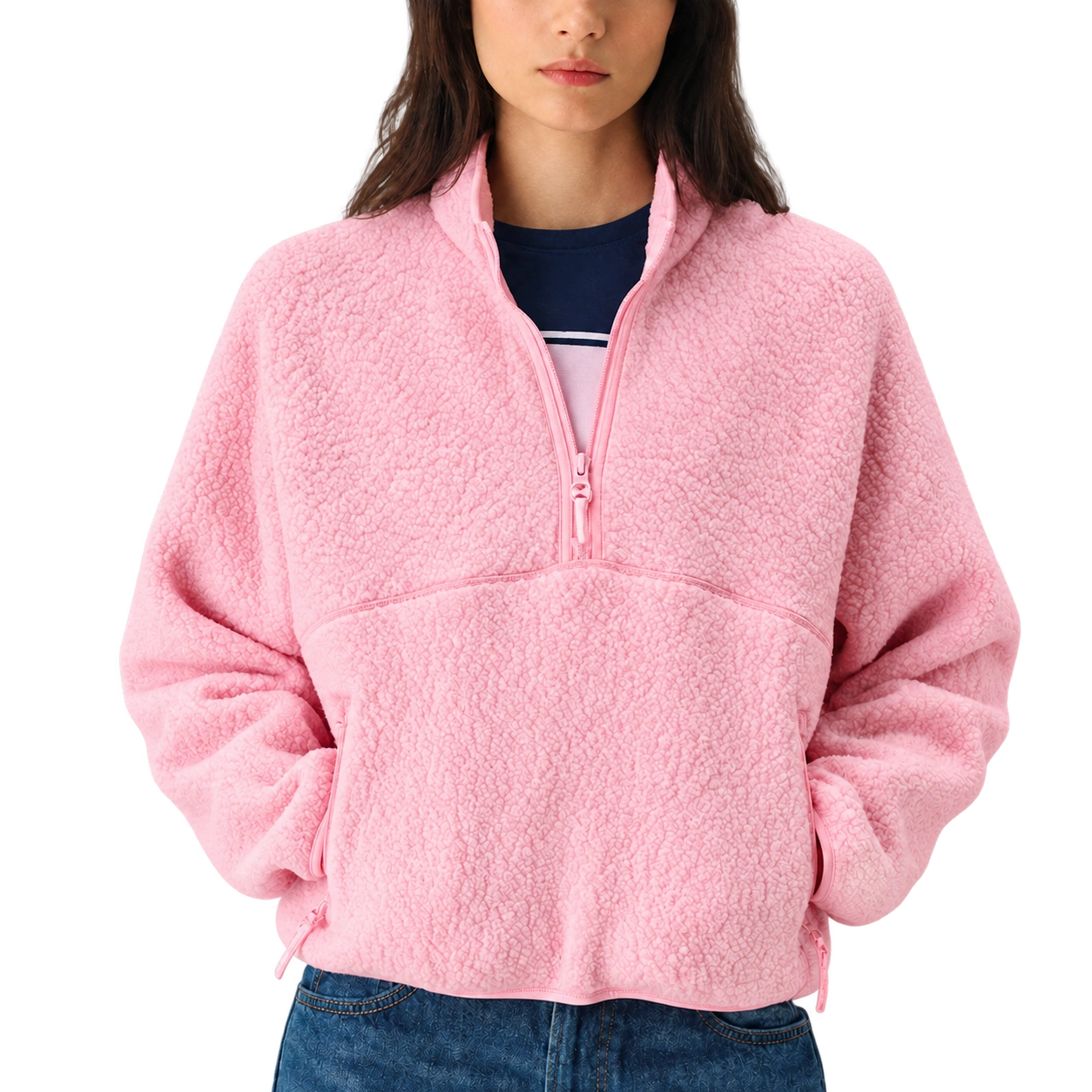 The Cloudline Half-Zip — Rosewater; AI-enhanced product photo with transparent background
