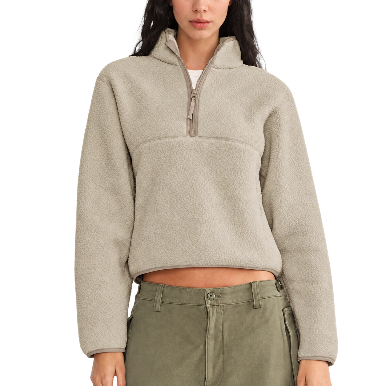 The Cloudline Half-Zip — Sandstone; AI-enhanced product photo with transparent background