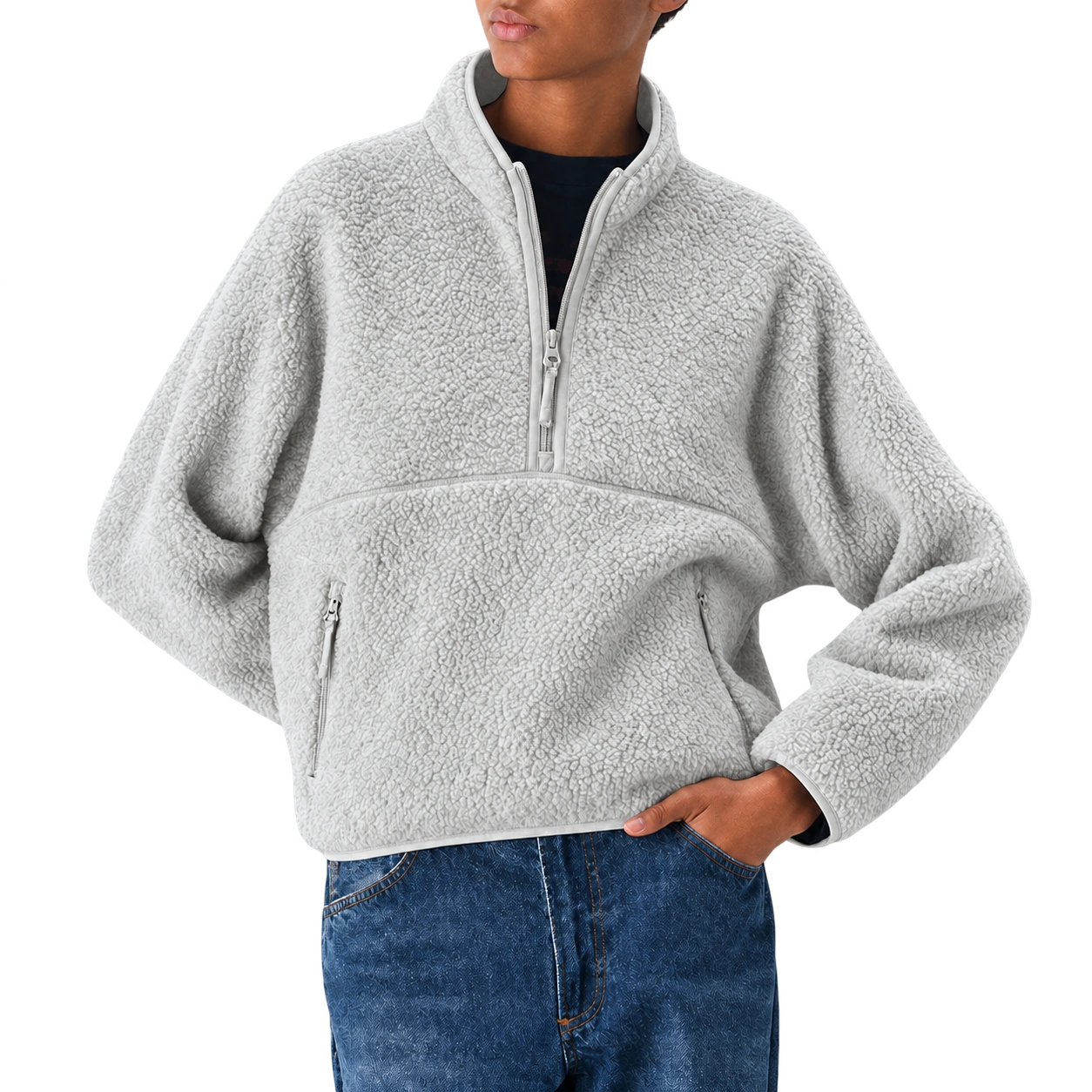 The Cloudline Half-Zip — Silver Mist; AI-enhanced product photo with transparent background