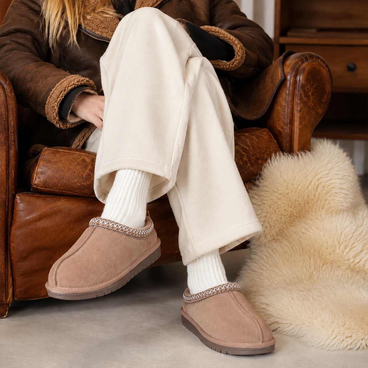 AI-enhanced editorial view of taupe braided slip-on shoes with cream trousers and a brown jacket