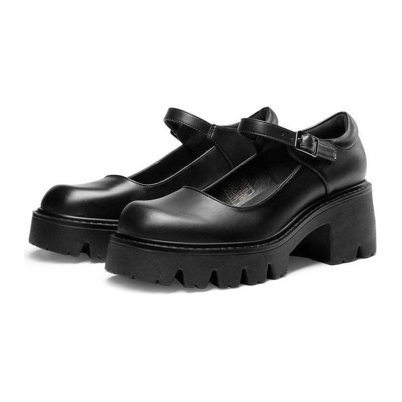 Pair of smooth black platform Mary Jane shoes with buckle straps
