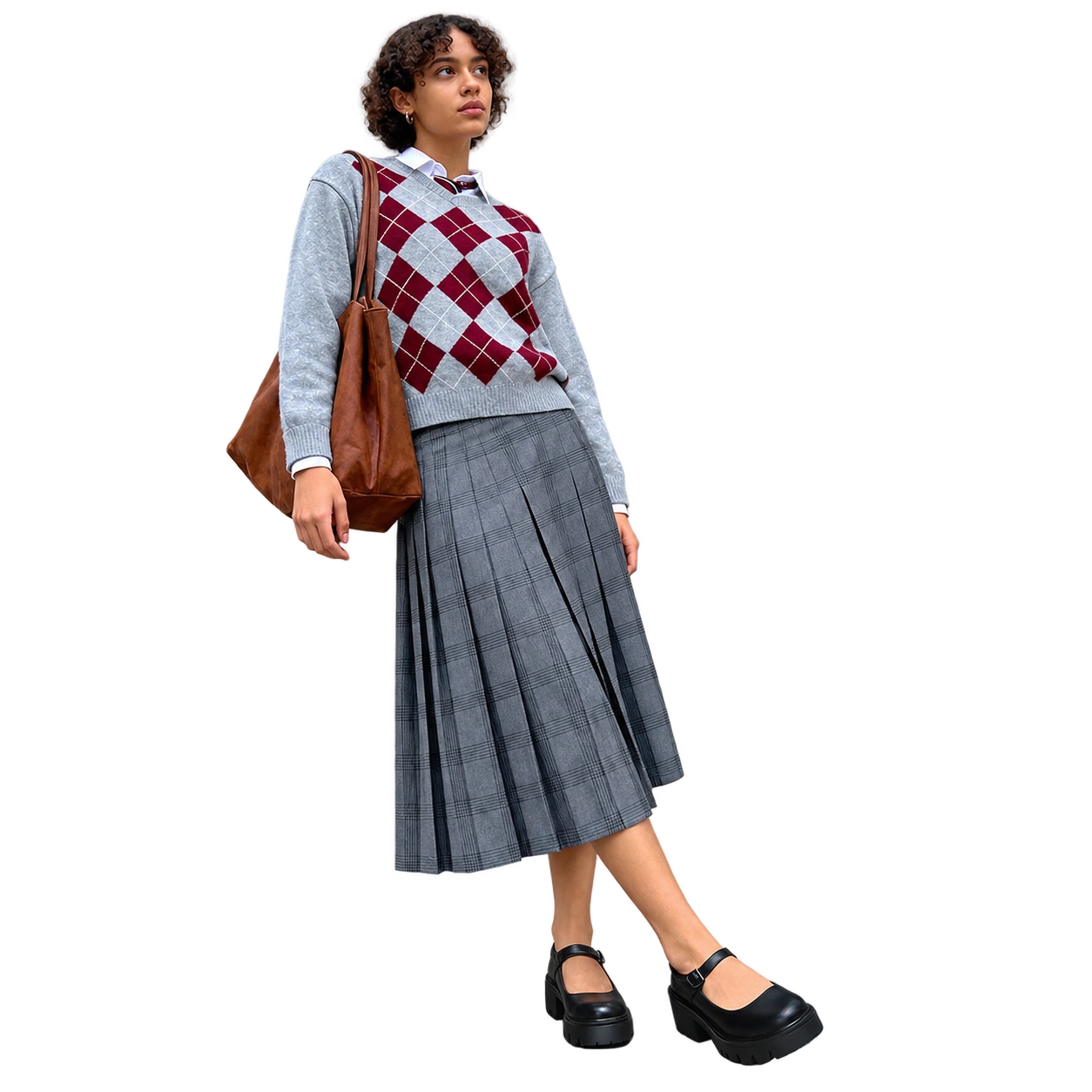 Mary Janes à plateforme portée avec un tricot à losanges et une jupe midi à carreaux