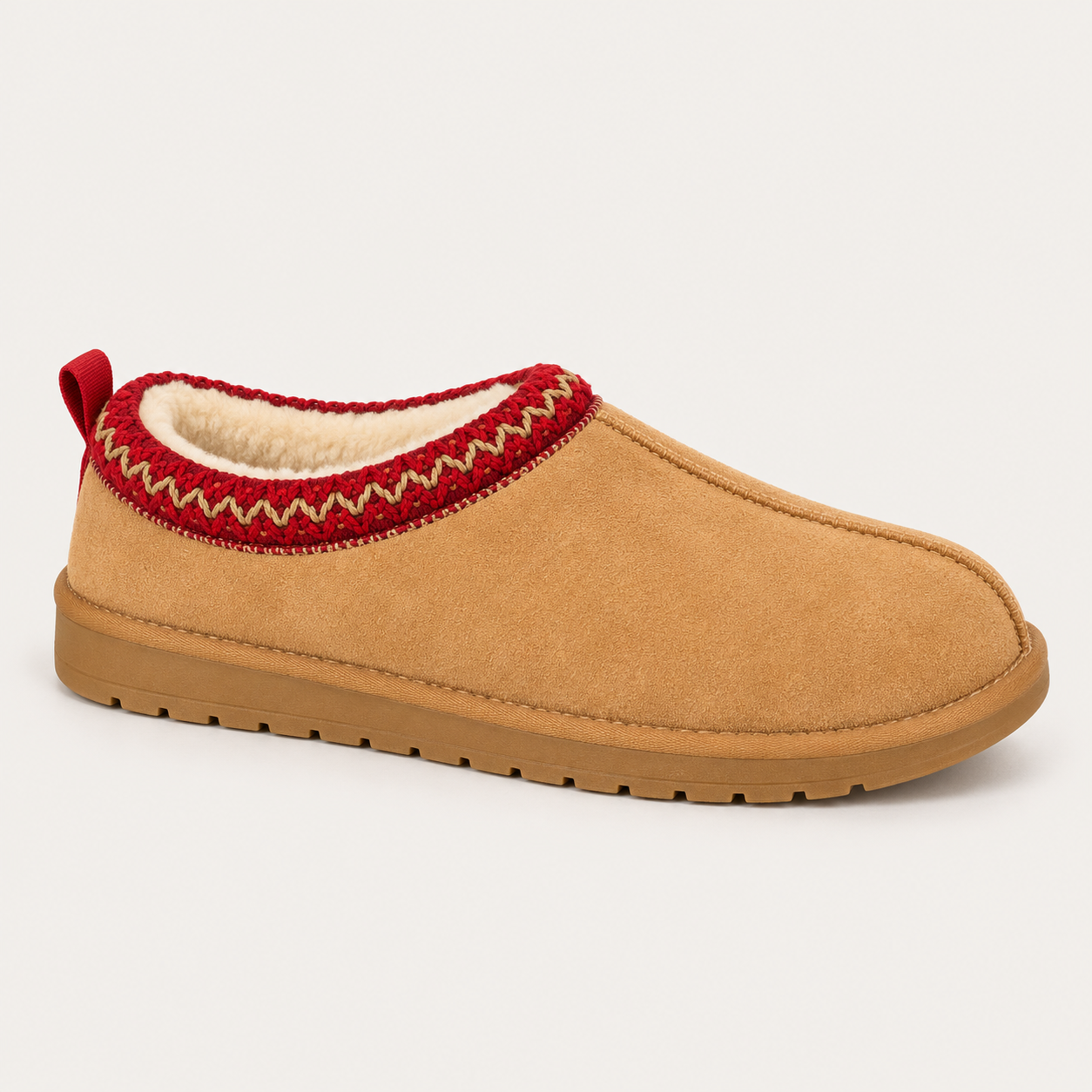 Chestnut braided clog with a red collar and light lining